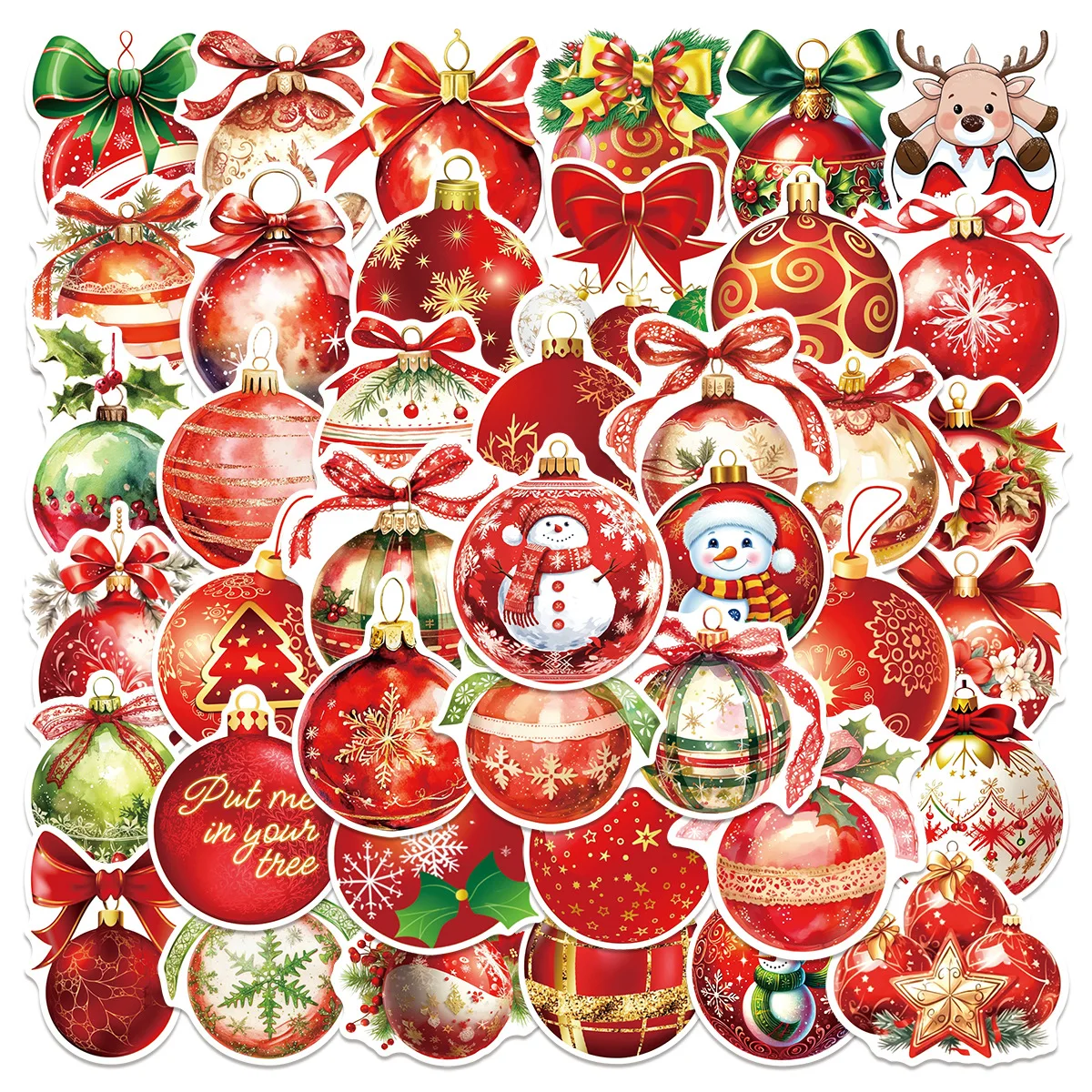 50 Pcs Christmas Ball Ornament Stickers Watercolor Snowman Reindeer Waterproof Decals for Journal Laptop