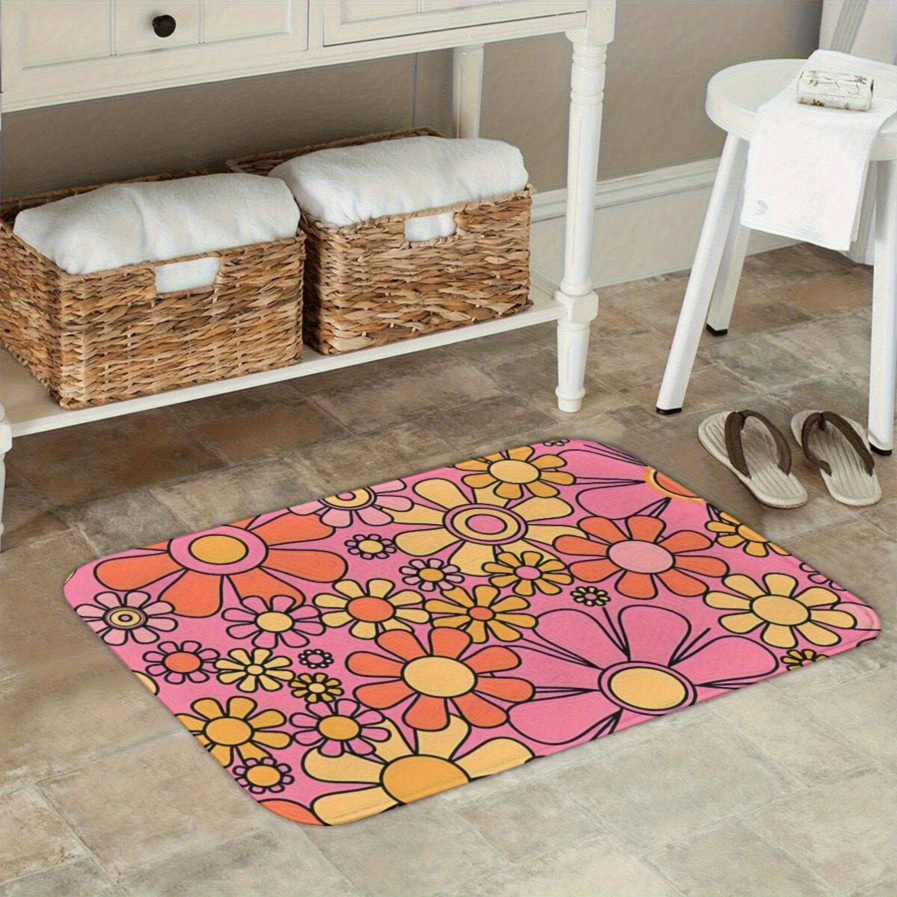 حصيرة مطبخ بتصميم زهور ريترو من الستينيات والسبعينيات - قابلة للغسل في الغسالة، مستطيلة، مصنوعة آليًا، بوليستر خفيف الوزن #5