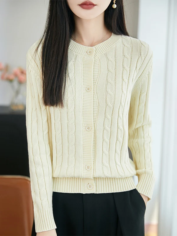 100% Pure Cotton Thick Knitted Sweater Coat Twisted Flower Cardigan Soft Autumn Winter Outerwear Casual Style round Neck Long...