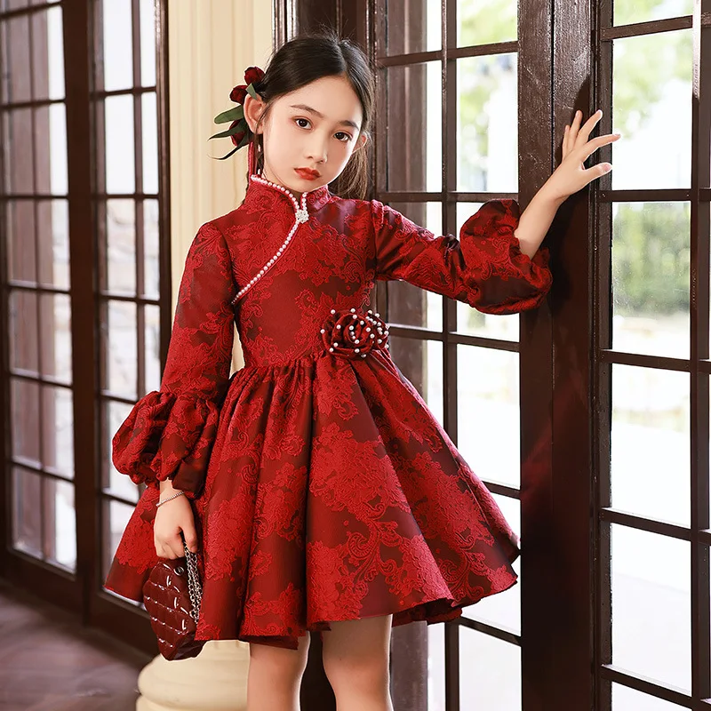 

Girls Evening Dress Kids Girl Floral Print Puff Sleeves Bowknot Ball Gowns Children New Year Formal Party Elegant Vestidos