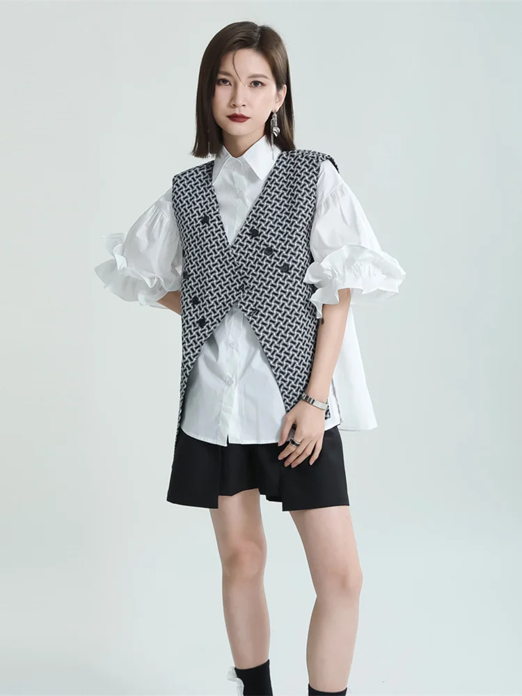 

Women Loose Fit Black Plaid Irregular Hem Casual Vest New V-collar Sleeveless Fashion Tide Spring Summer 2022 M148