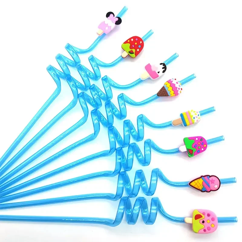 

8pcs 26cm Reusable Blue Spiral Plastic Straw Digger/soccer/fire/beach/Animal Shark Drink Straws Kids Fruit Themed Party Supplies