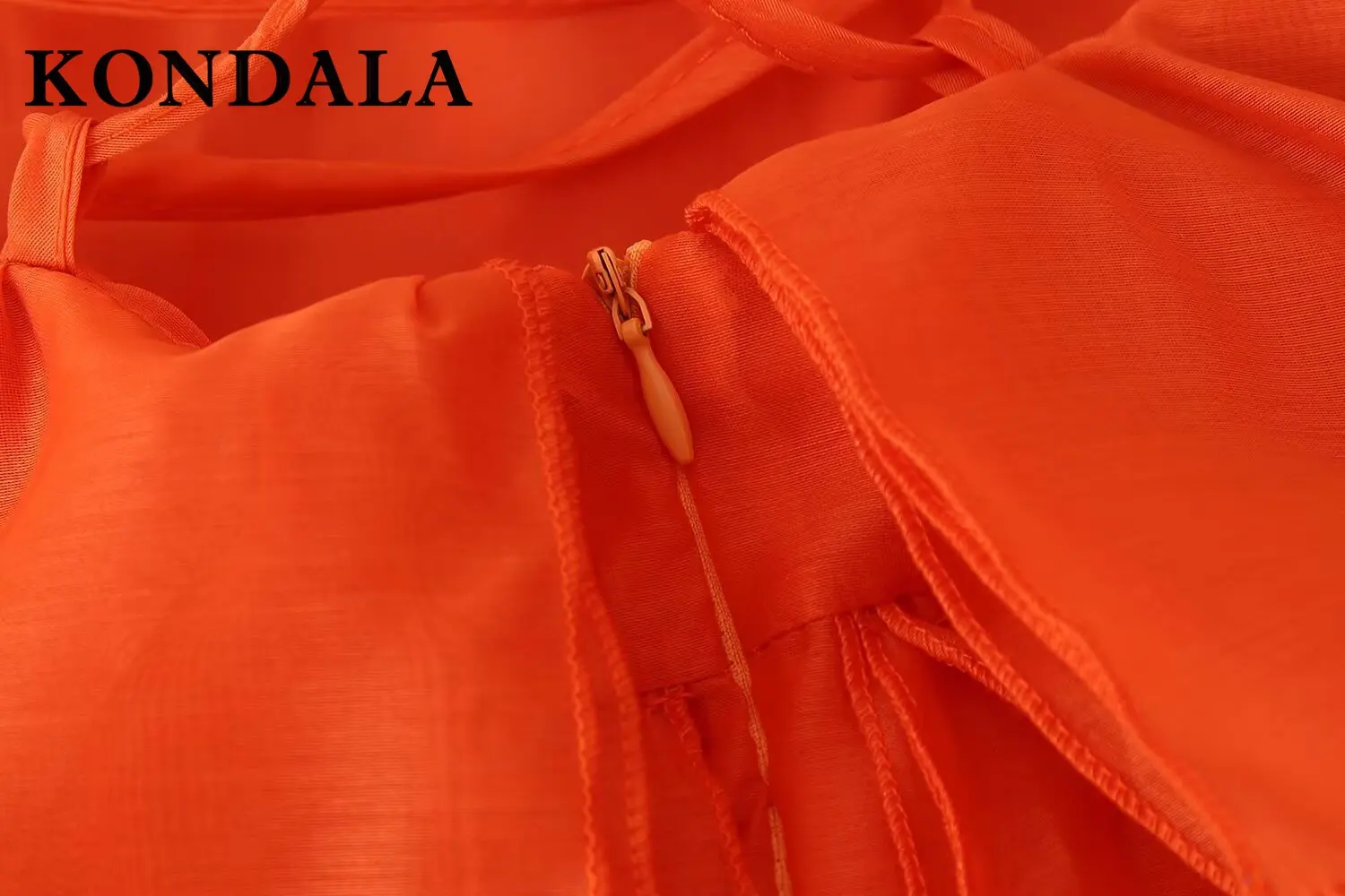 ชุดเดรสยาวเปิดหลังสีส้มลายดอกกุหลาบฤดูร้อน KONDALA แฟชั่น 2025 สายเดี่ยวทรงระบาย ชุดเดรสยาวสไตล์โบฮีเมียนสำหรับวันหยุดพักผ่อน Y2K