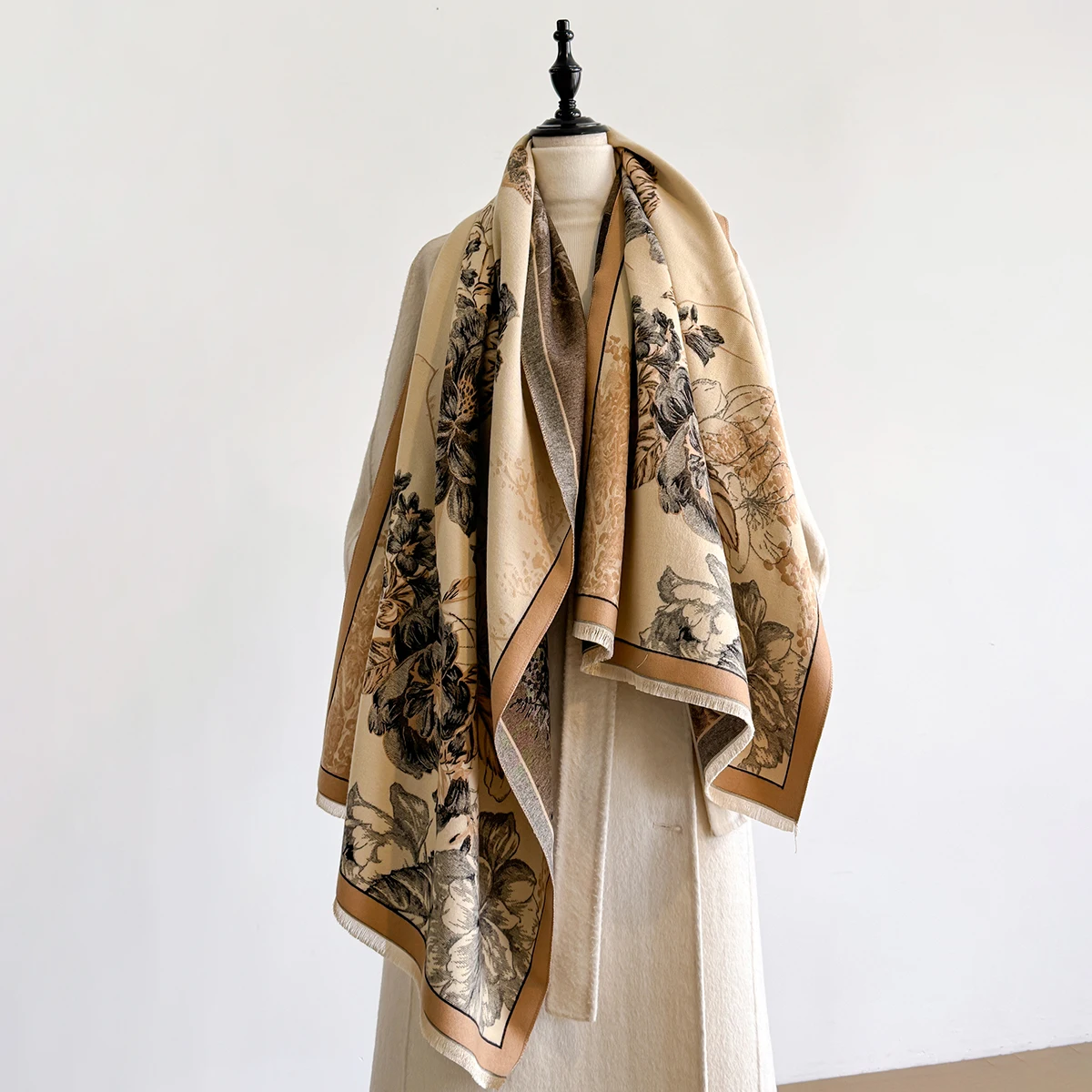 Brand Fashion Winter-Kaschmirschal für Damen – Pashmina-Schal mit Blumenmuster und Quasten, dicker, warmer Wickel- und Poncho – Detail 1