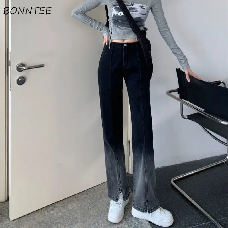 Retro Gradient Jeans Women Slit Design New Korean Style Fashion Elegant High Waist Simple Office Ladies Basic Straight Trousers