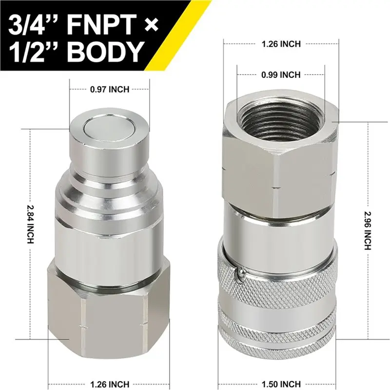 WORTHOWN-2 Set 3/4Inch NPT Skid Steer Flat Face Hydraulic Quick Connect Couplers/Couplings Set W/Dust Caps