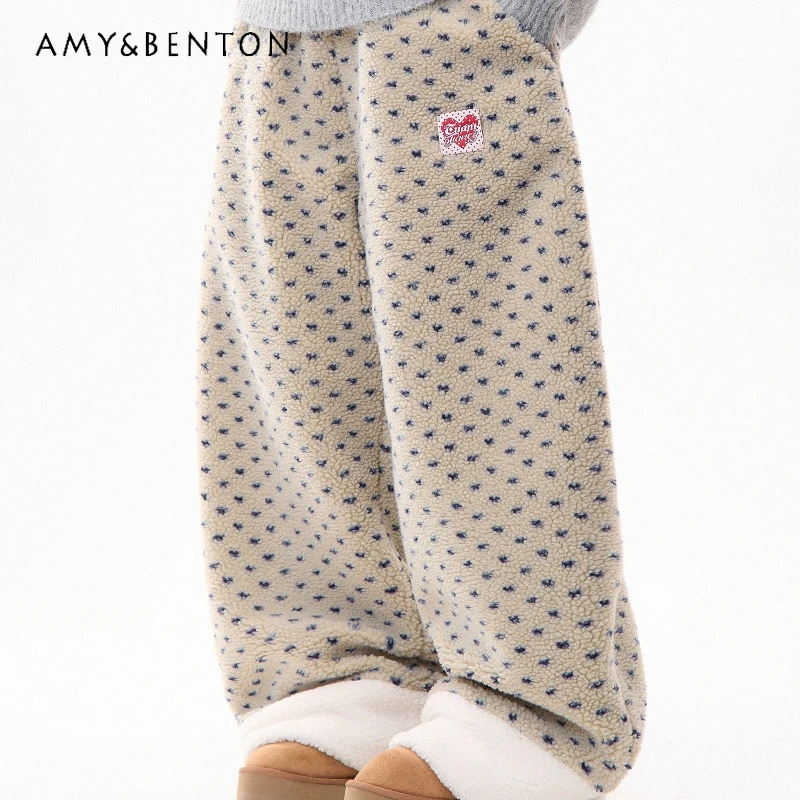 

2025 Autumn Winter New Floral Splicing Lamb Wool Women's Trousers Vintage Design Loose Slimming Versatile Wide-Leg Pants Ladies