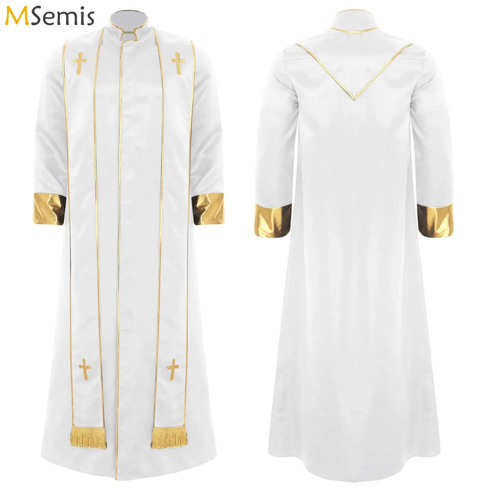 

Men Metallic Church Choir Robe Stand Collar Long Sleeve Gold Cross Cassock Traditional Catholic Priest Halloween Role Play Robe