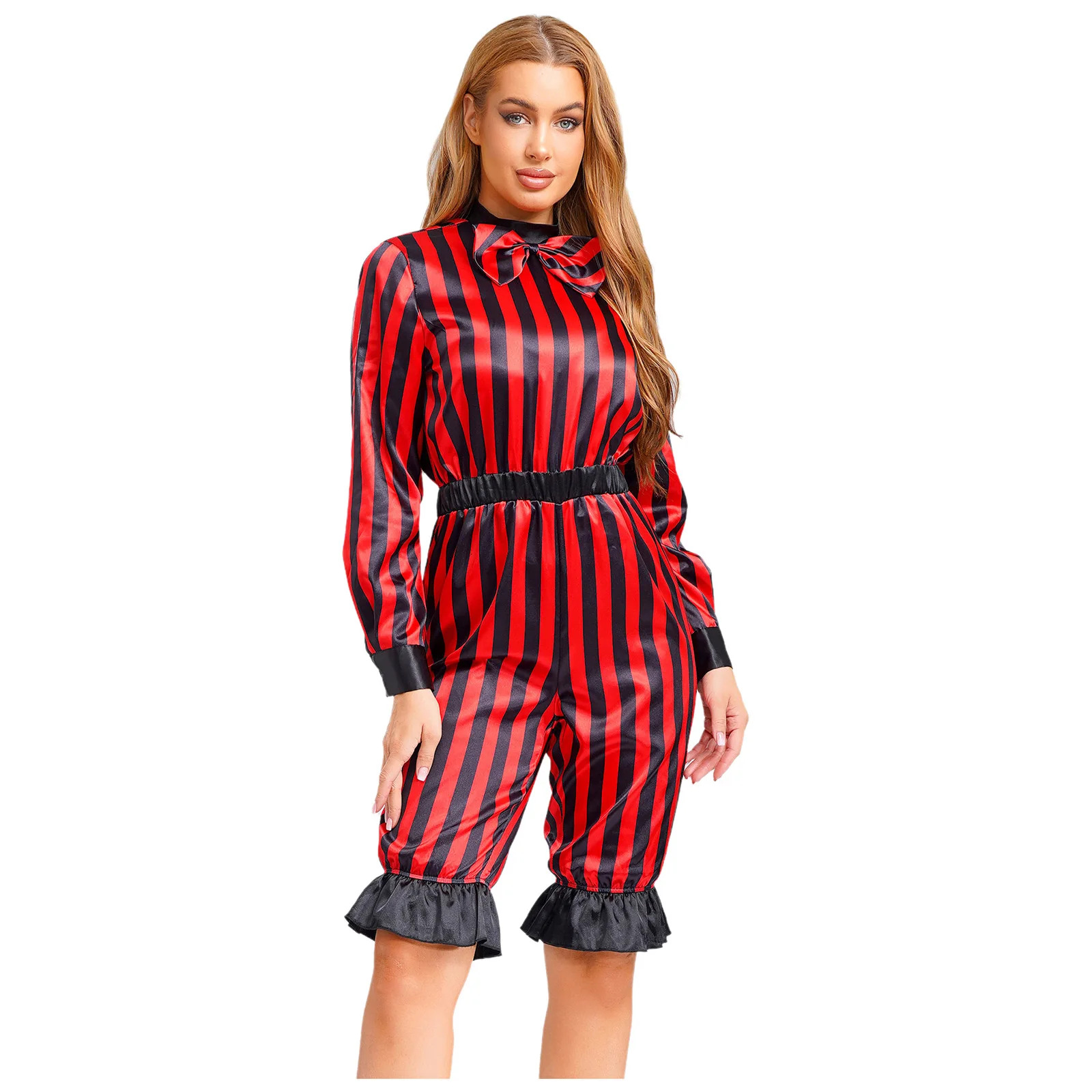 

Women Wicked Clown Circus Rompers Costumes Bow Long Sleeve Bloomers Pants for Halloween Party Circus Ringmaster Cosplay Uniforms
