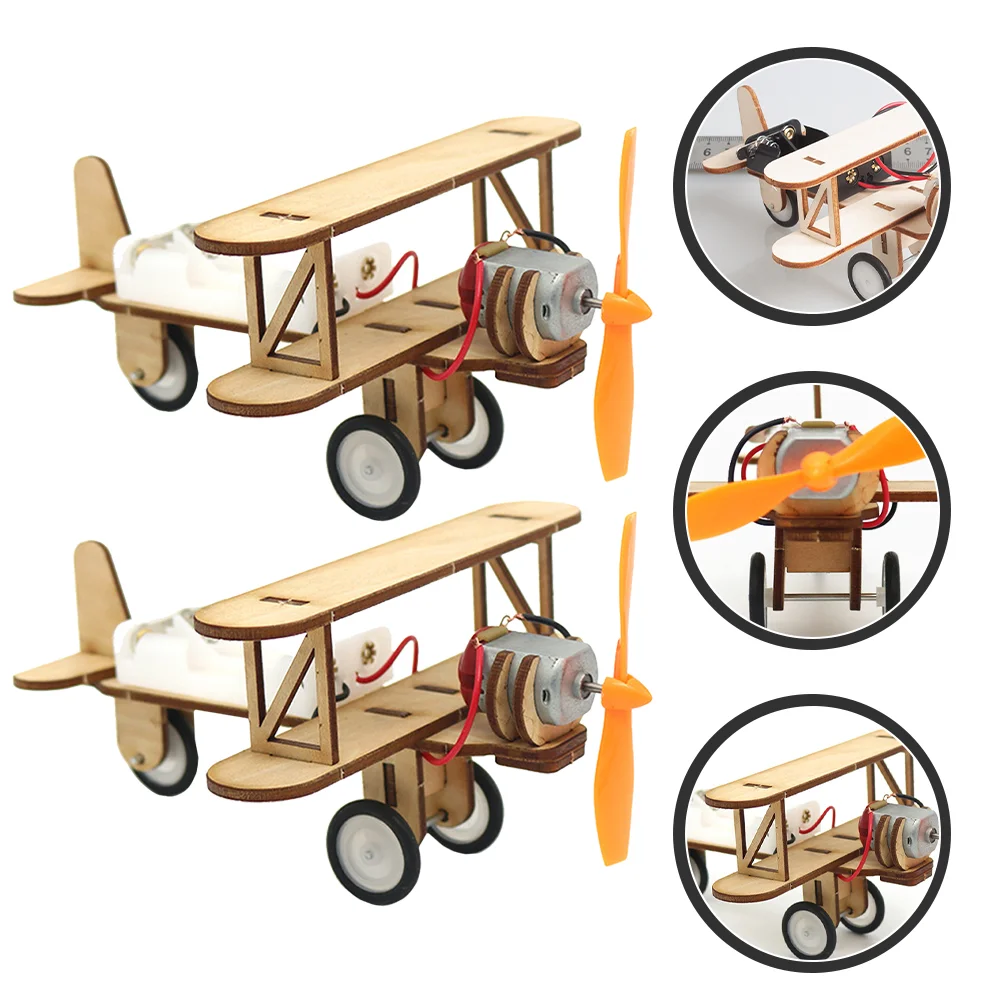 2 Pcs Kids Toys Model Electric 3d Assembly Puzzle Craft Wood Wooden Puzzles DIY Handmade Plane Pupils Assemble