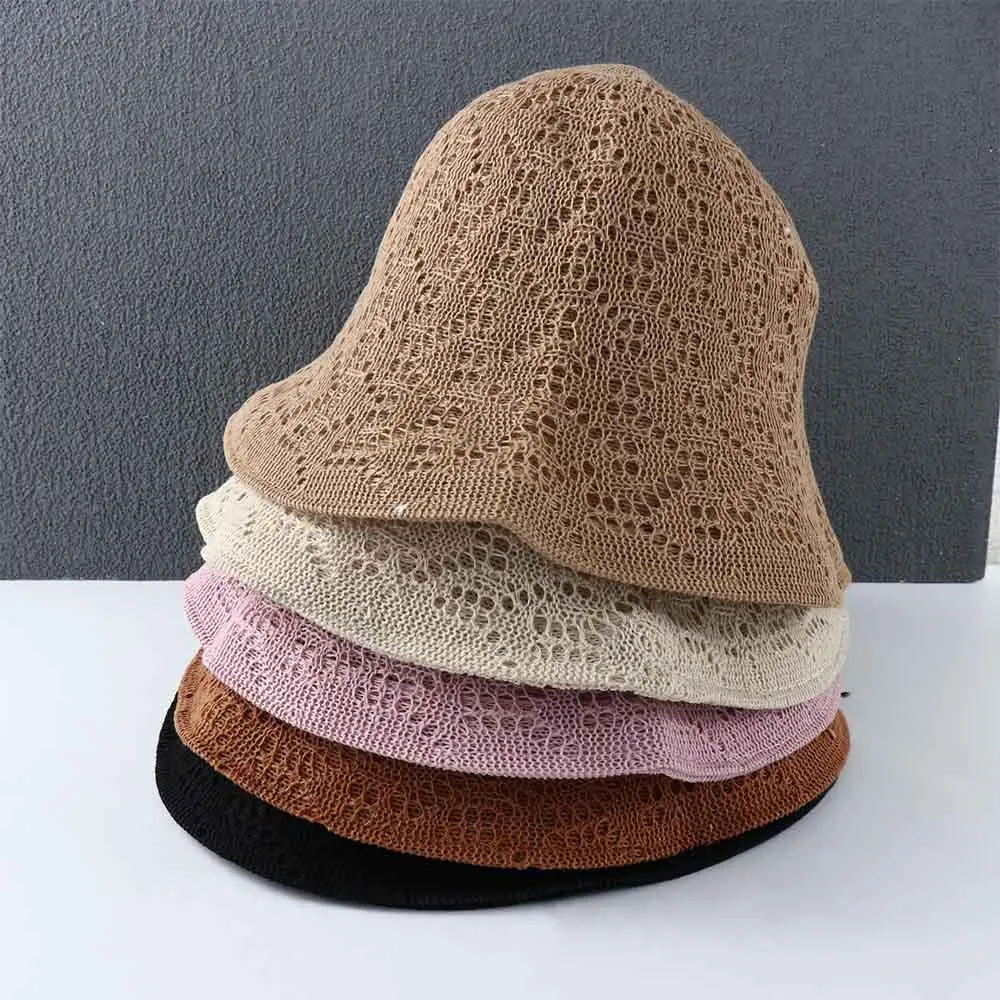 Simple Korean For Women Sun Protection Hollow Spring Basin Knitted Hat Bucket Hat Female Hats Korean Style Caps Sun Hat