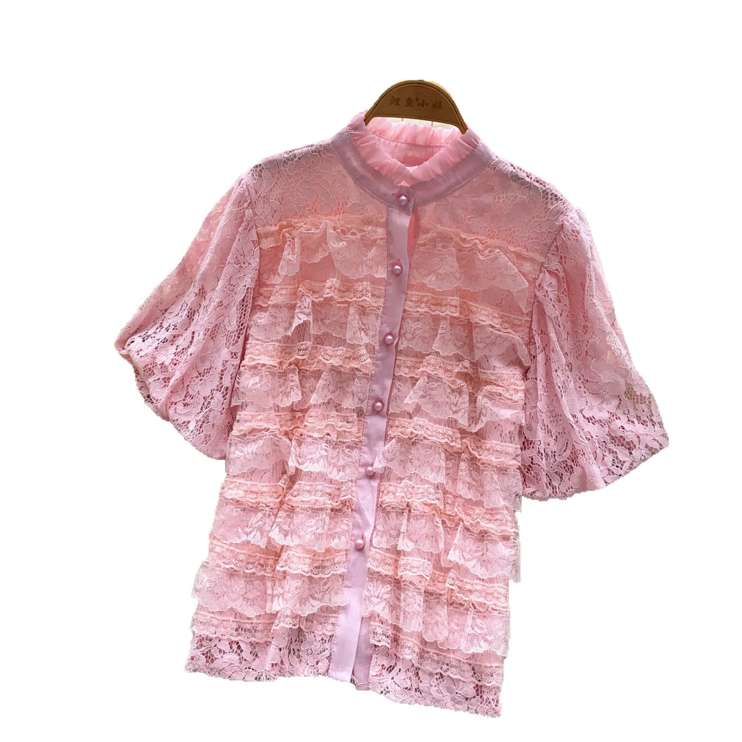 2025 여름 신상 여성 캐주얼 레이스 싱글 버튼 짧은 랜턴 소매 O넥 단색 셔츠 여성 의류 탑