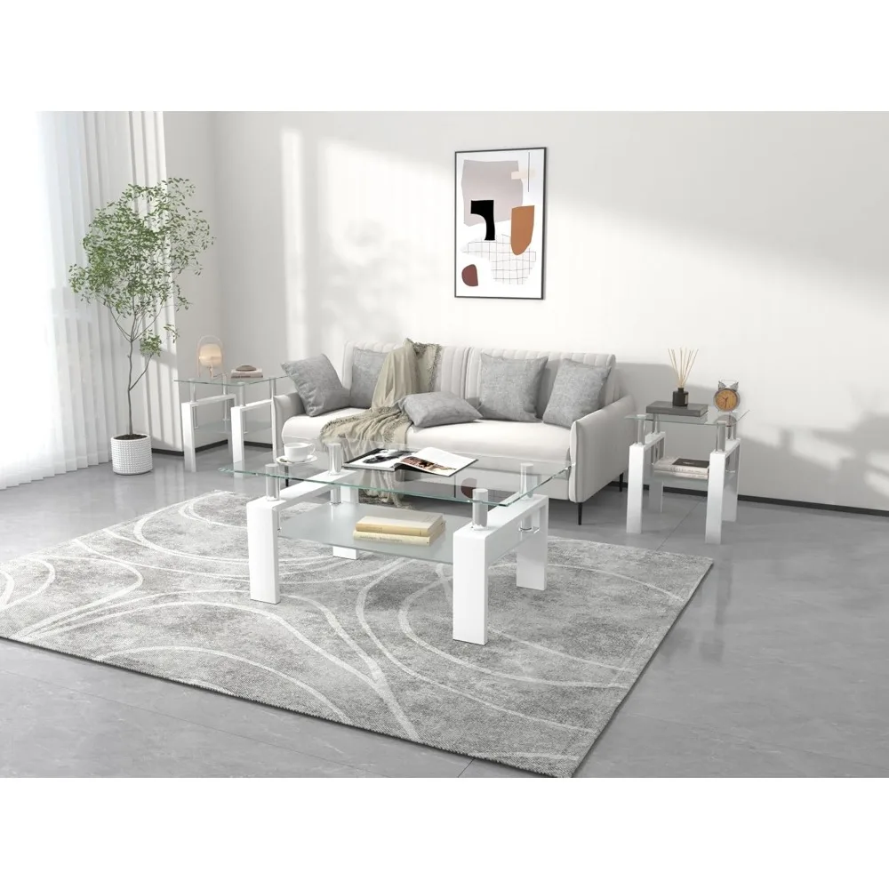 طقم طاولة زجاجية حديثة مكونة من 3 قطع مع إطار معدني أسود وطاولة قهوة من الزجاج المقسى