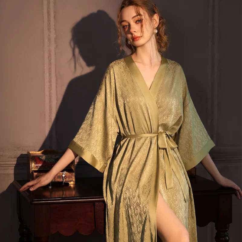 Luxury Jacquard Satin Long Robe Nightgown Women Sexy Ice Silk Robe Female Summer Fall Comfortable Lounge Wear Bathrobe Ladies