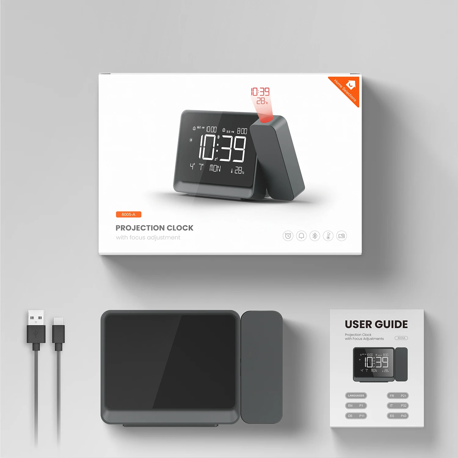 Fanju Digital Projection Desktop Dual Alarm Clock Bluetooth Time Adjust Night Light USB Focusing Display Projectior Thermometer