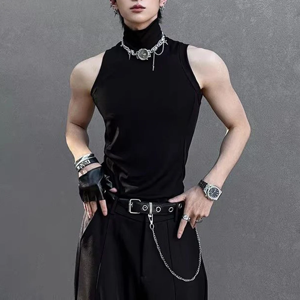 Summer New Men's High-Neck Sleeveless Vest American Retro Fashion Trendy High Street Casual Breathable Tight-Fitting Men's Top