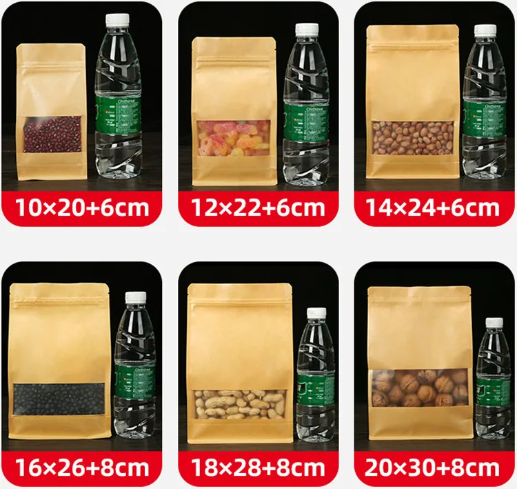 50PCS 3D Stand-up Kraft Paper Window Ziplock Bag DIY Logo Print Matcha Snack Tea Drip Coffee Spice Matcha Cocoa Storage Pouches