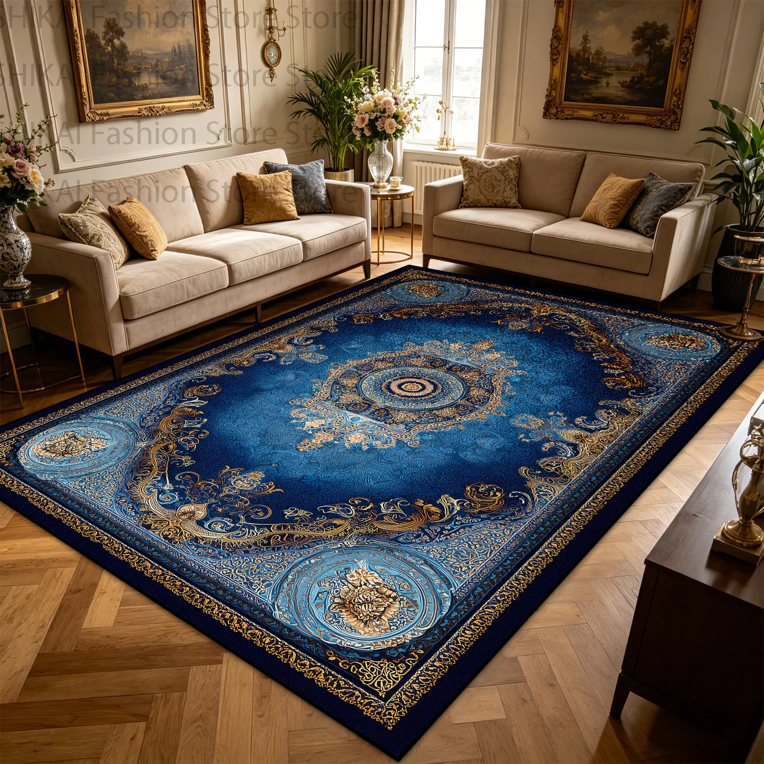 Light Luxury Persian Retro Living Room Carpet Non-slip Soft Foldable Coffee Table Rug Machine Washable Easy Clean Large Room Mat