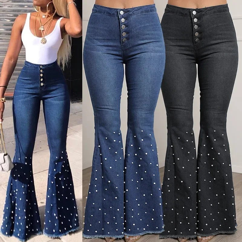 

Women Denim Flare Pants Washed Jeans High Waist Slim Fit Pockets Embroidered Flares Trousers Casual Denims Full Length Pants New