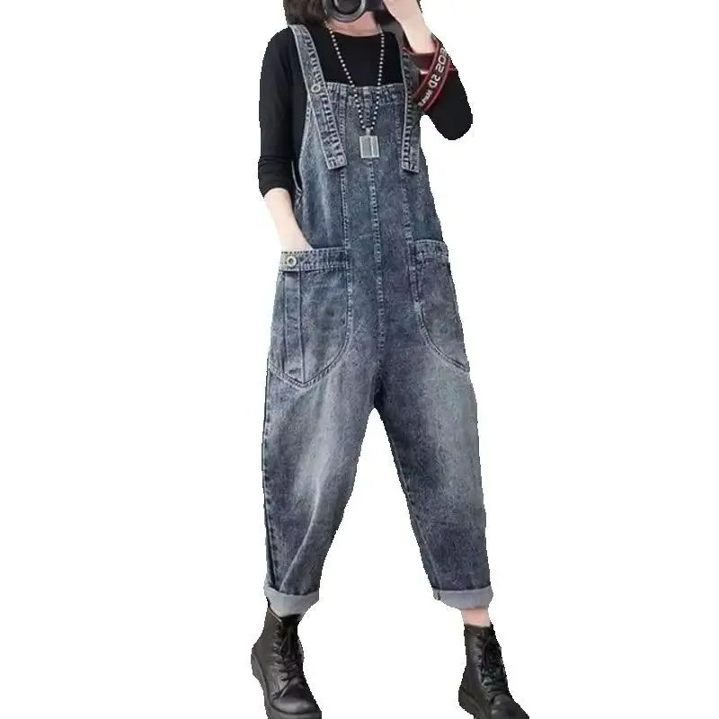 Women's Spring Denim Strap Pants SLarge Waist Slim Loose Leg Jumpsuit 2025 Summer New Fashion Overalls for Girls Jeans Woman