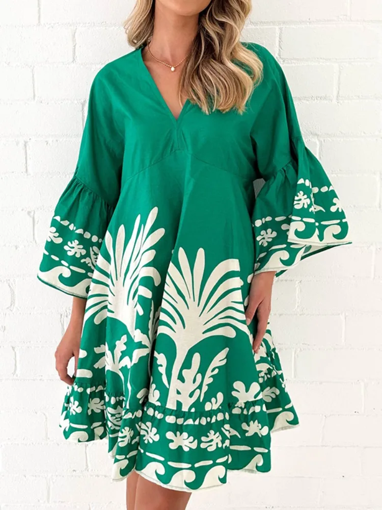 UOOZEE Women's Floral Printed Flared Sleeves V-Neck  A-line Dress 2025 New Loose Pleated Elegant Party Evening Mini Dresses