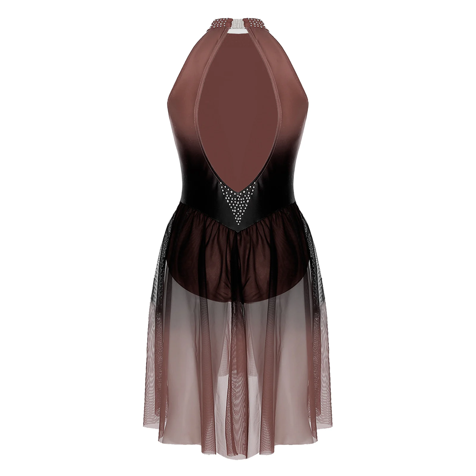 Abito da ballo lirico moderno da donna, senza maniche, con scollo all'americana, in rete trasparente, per pattinaggio di figura, con strass, body da ginnastica per balletto