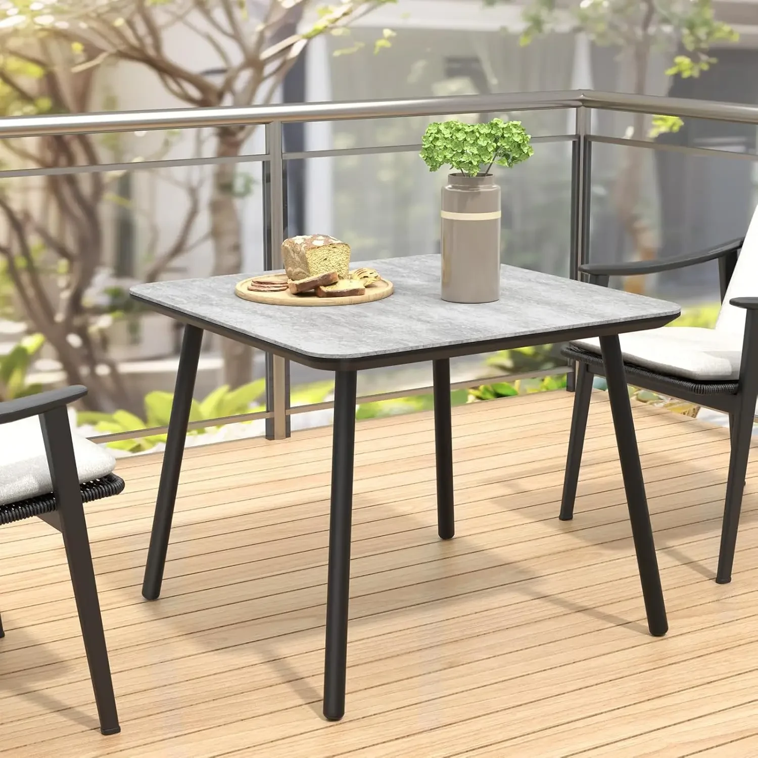 Square Metal Outdoor Dining Table for Outside Patio, Marble Look Top