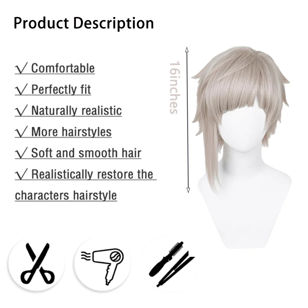 أنيمي أتسوشي ناكاجيما تأثيري الشعر الاصطناعية 16 بوصة رمادي مع الانفجارات اليومية حفلة لعب الأدوار شعر مستعار عالي الجودة مقاومة للحرارة