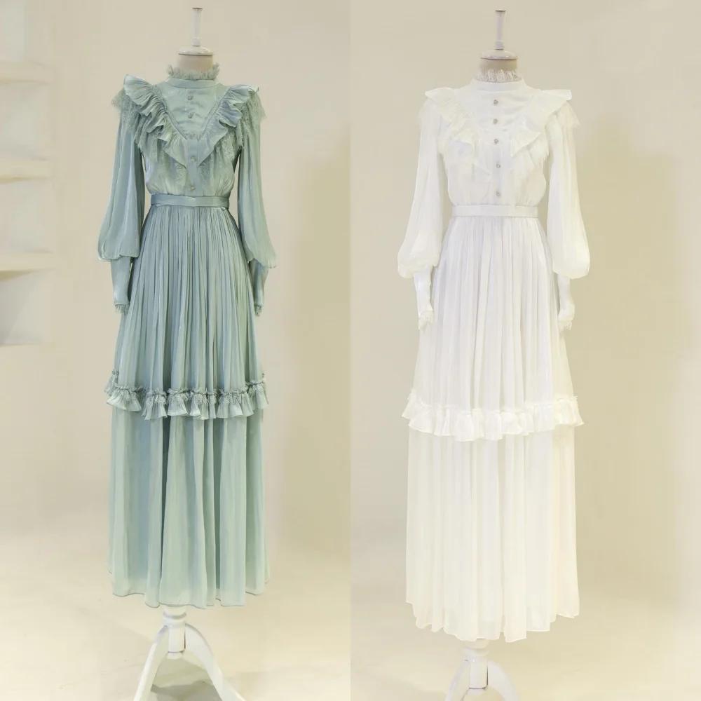 

Customized Charmeuse Lace Edge Pleat Button High Collar A-line Long Dresses Bespoke Occasion Homecoming Party Gown Elegant