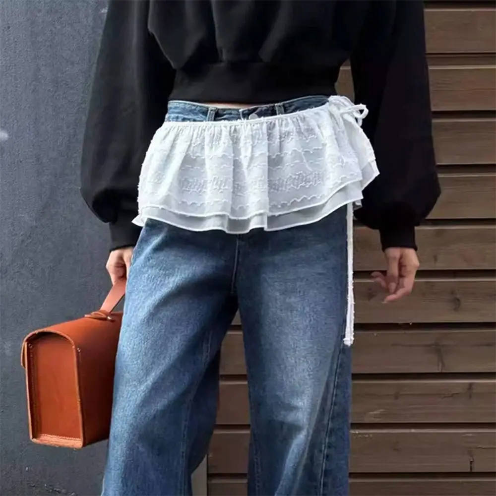 

Новая кружевная мини-юбка с вышитыми цветами, прозрачная уличная одежда Y2K, юбка с оборками на шнуровке, джинсы с занавеской в стиле Харадзюку