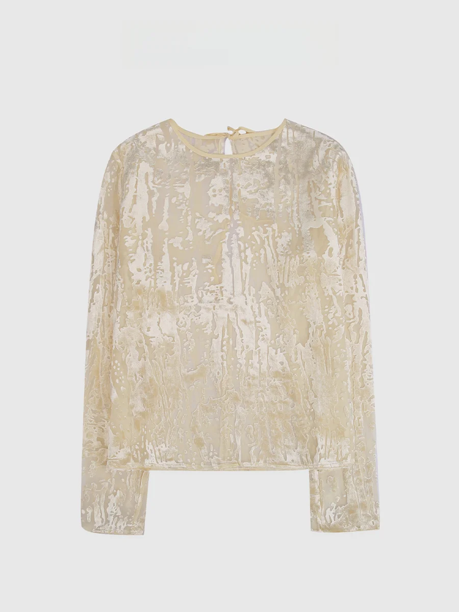 

BaAtOne Velvet Blouse with Bow-Knot Yellow Color ter Flowering European Sle Women's Casual Faion Silk Long Sve Top