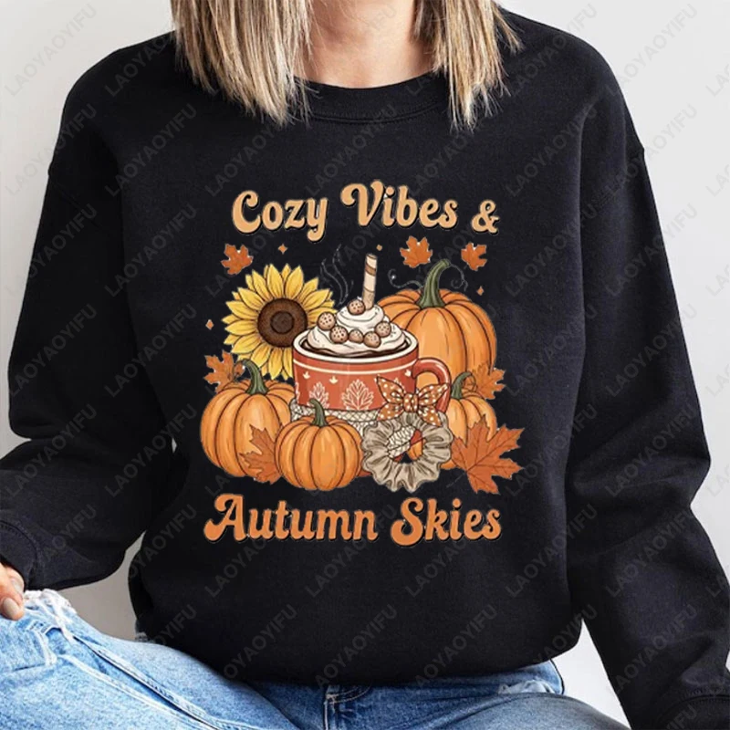 Cozy Vibes Fall Retro Pumpkin Skies Autumn Hoodie Season Thanksgiving Women Men Halloween Pullover Loungewear Funny Sweatshirt