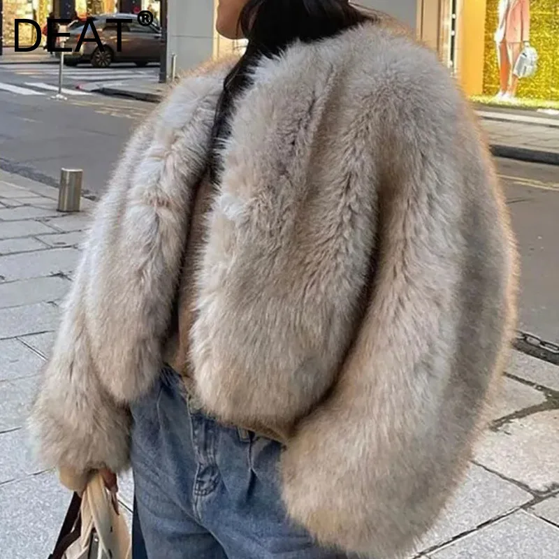 DEAT 2024 Winter New Items Fashion Solid Color O-neck Faux Fur Coats For Women Long Sleeves Casual Short Jacket Female 33A2364