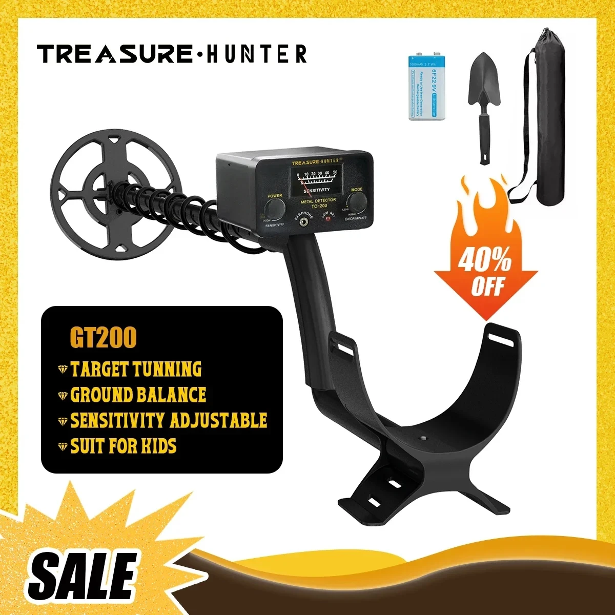 Treasure Hunter GT200 Metal Detector Professional with battery High Sensitive Underground Iron Gold Detector Waterproof IP68