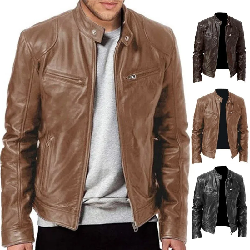 

Fashion Men Jacket Solid Color retro with Zipper Motorcycle Jackets PU Leather Spring Autumn Windproof Slim Stand Collar Coat