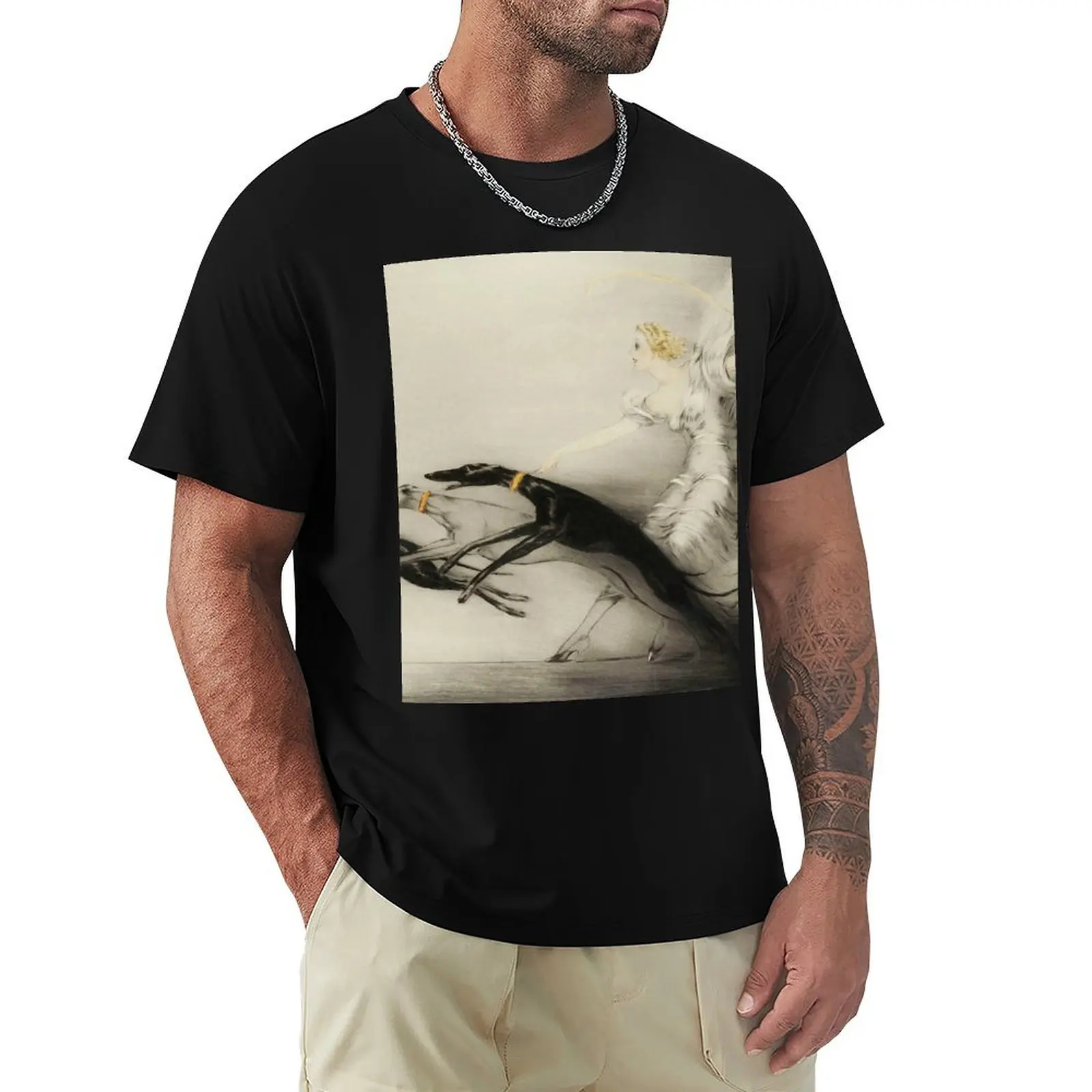 

Vintage Art Deco illustration, woman walking her greyhound dogs T-Shirt T-shirts man graphics mens graphic t-shirts