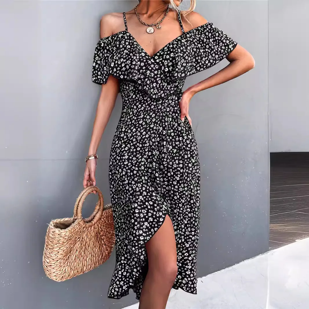 Spring  Summer New Women's Clothing Looks Slim  With A One Shoulder Floral Suspender Dress Irregular Long