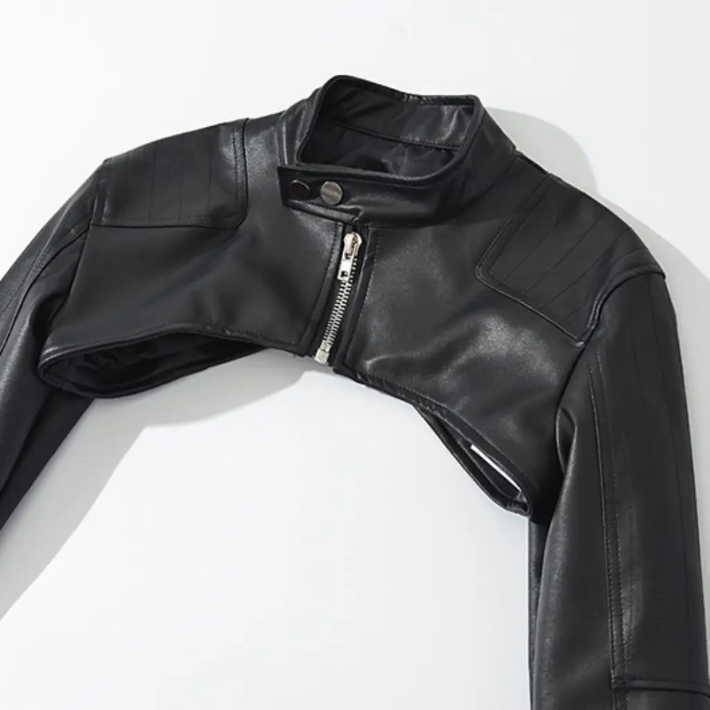 Damska czarna kurtka ze skóry PU w stylu cool hot girl, stójka, zamek błyskawiczny, bardzo krótka, nowa wiosenna, modna i stylowa odzież uliczna.