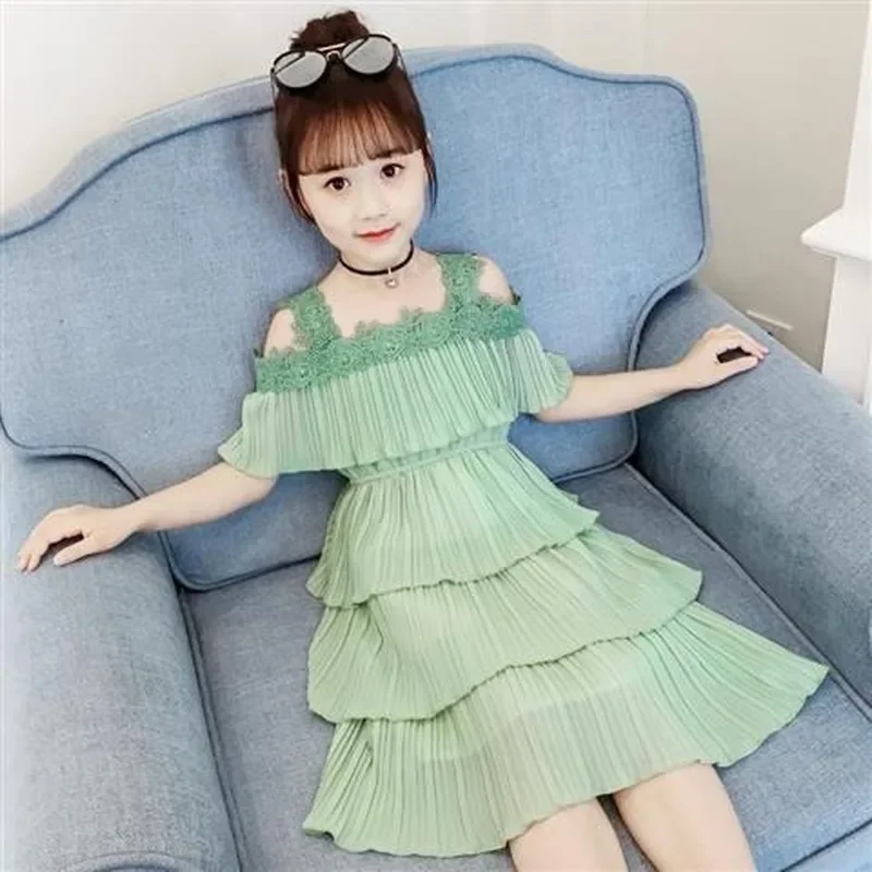 2024 Summer Girls Clothes chiffon Strapless Sling Dress lace teenager Fashion Leyered Dress 4 5 6 7 8 9 10 11 12 13 14 years