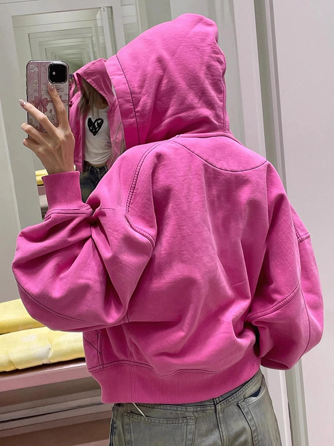 Stylish Small Size Hoodie Unique Super Beautiful Casual Style Top Pink Rose Outerwear Women Autumn Commute Style Slimming Fun...