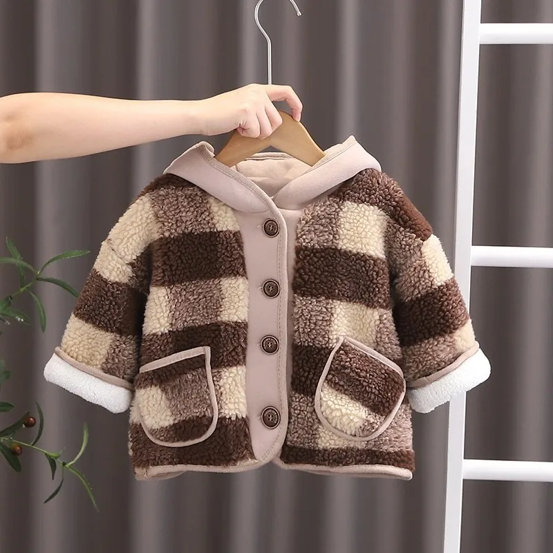 

Children's Coat Autumn Korean Plaid Top Boys Girl Plush Thick Hoodie Warm Winter Fashion Jacket
