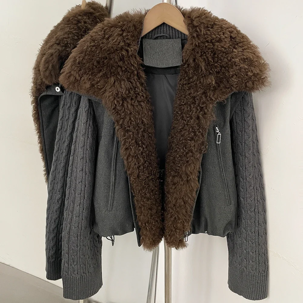 OFTBUY 90 White Duck Down Jacket Knit Sleeve Zipper Pockets Drawstring Short Coat Women Winter Real Curly Lamb Wool Fur Collar