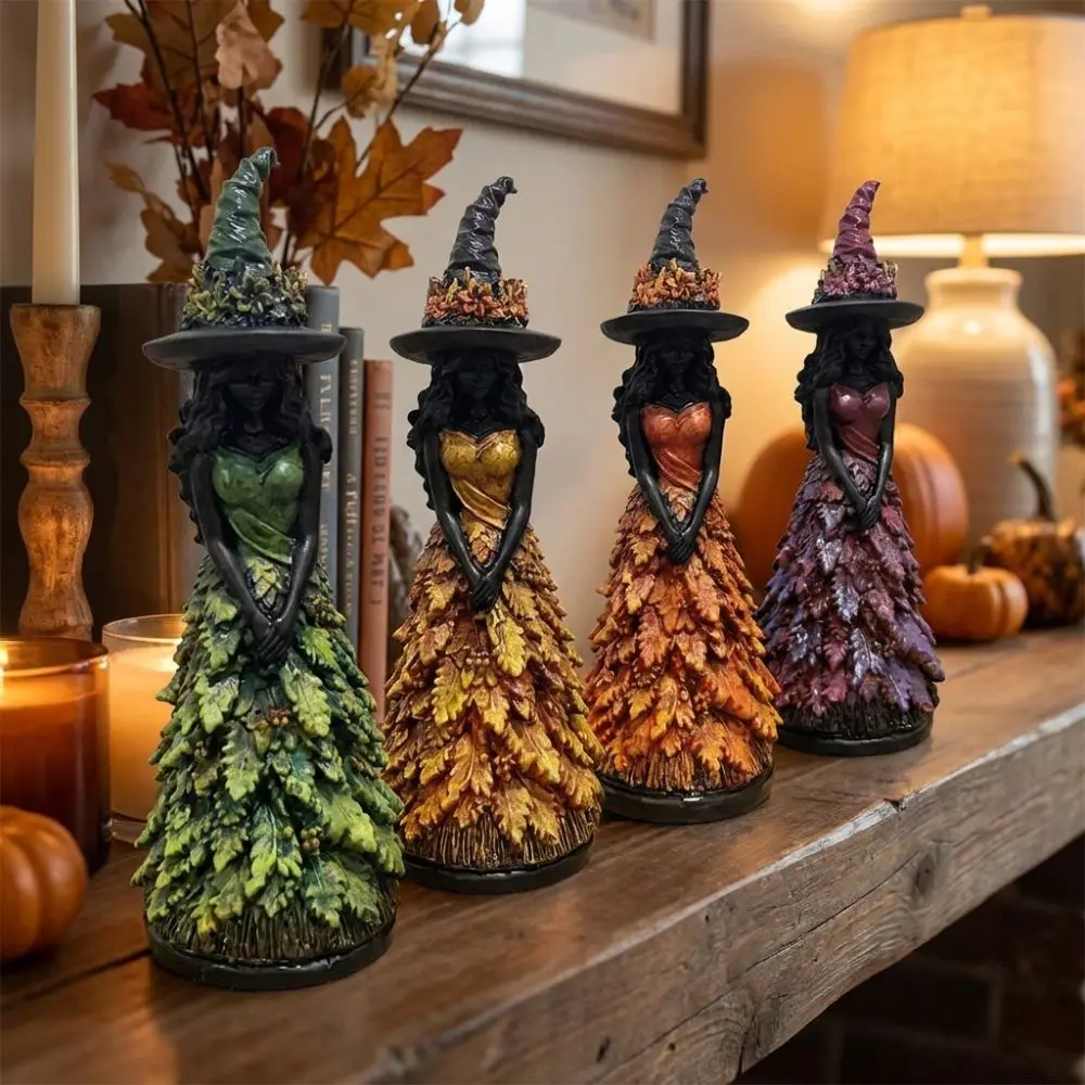 Vintage Autumn Witch Figurine Rustic Whimsical Halloween Witch Statue Leaf Gown Gothic Forest Witch Table Decor Fall Decor