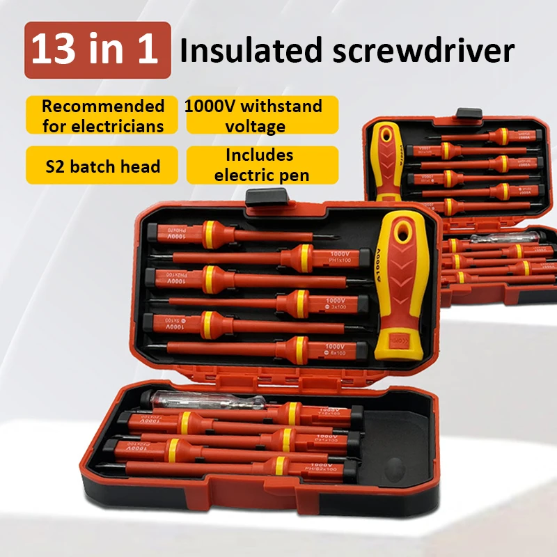 Electrician Repair Tools Kit 13pc 1000V Changeable Insulated Screwdrivers Set Magnetic Slotted Bits Repair Tool Electrician Tool