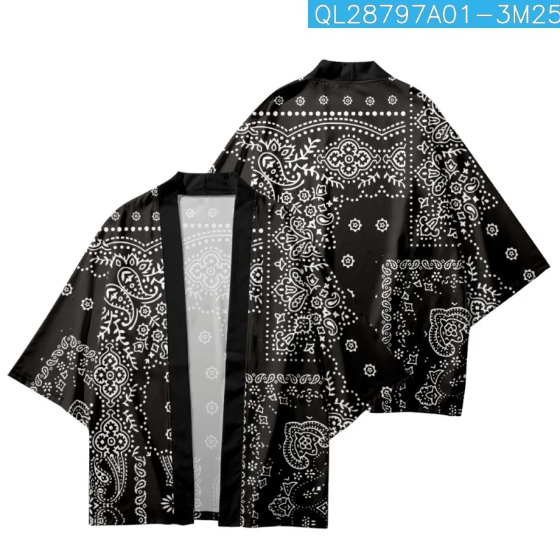 Summer Couple Women Men Streetwear Cashew Printed Black Traditional Japanese Kimono Beach Shorts Cardigan Yukata