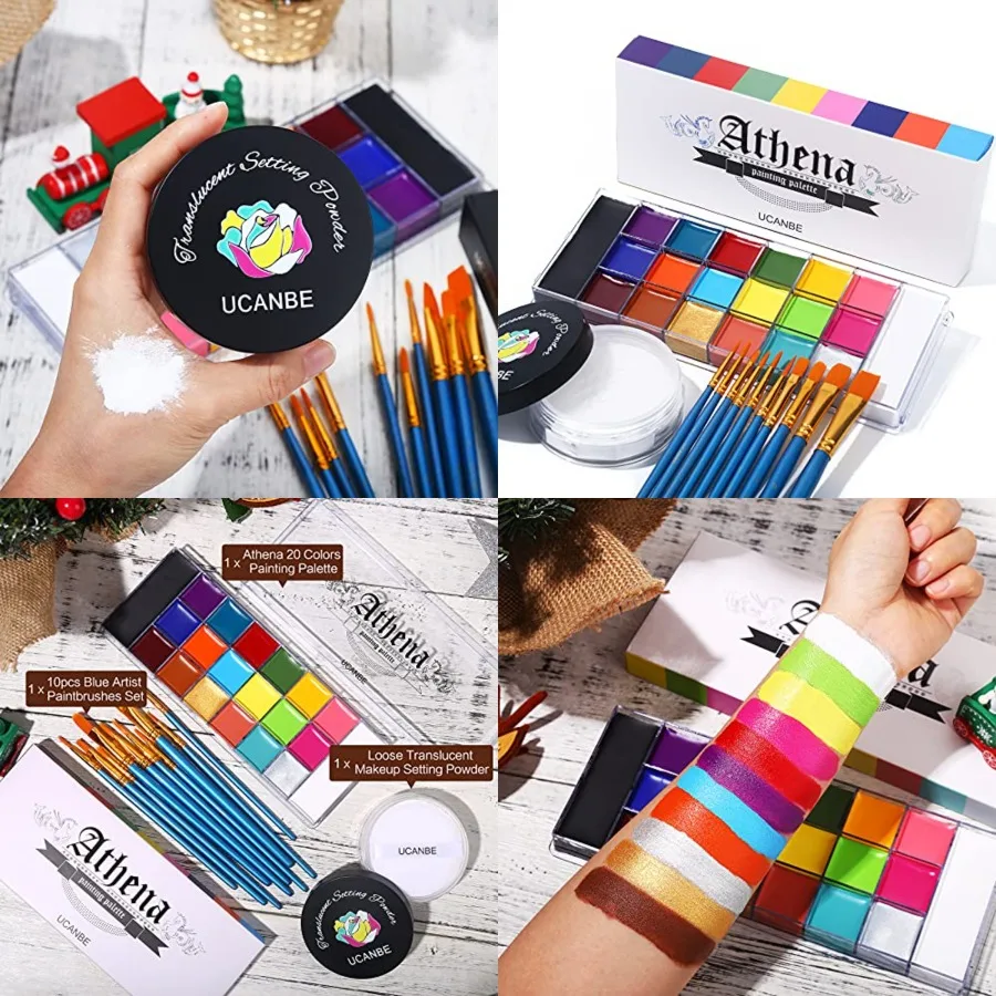 

Athena Face Body Paint Oil Palette + Translucent Setting Powder + 10PCS Brushes Set Professional Non Toxic Face Painting Pallet