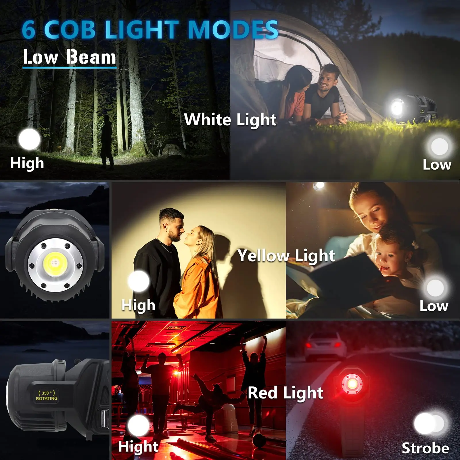 9 Modes Rechargeable Led Spotlight Flashlight with 350° Rotate Head, Spot Lights Outdoor Handheld Waterproof Solar Flashlight