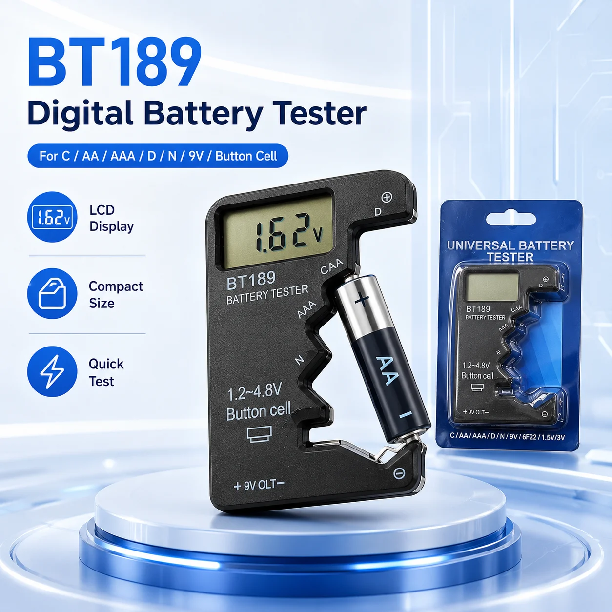 Testador Digital de Baterias BT189 com LCD para Verificação de Voltagem de Pilhas AA, AAA, C, D, 9V e Pilhas Botão - Ferramenta Portátil de Medição de Energia para Uso Doméstico