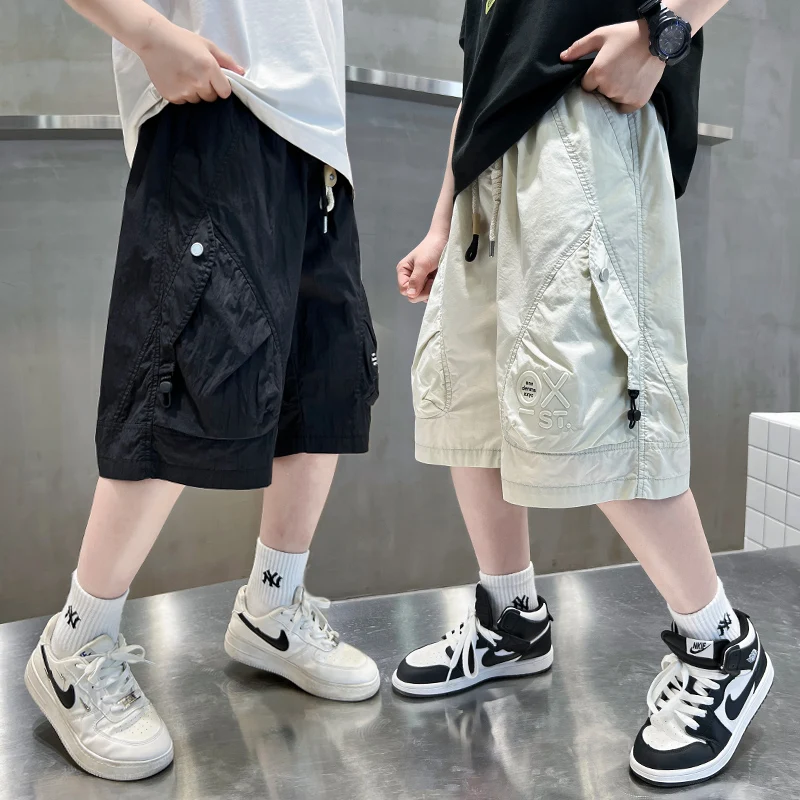 High Quality Korean Style Children Cargo Shorts For Kids Boy Summer Multi Pocket Drawstring Cotton Shorts Age 5 7 9 11 13 14 Y