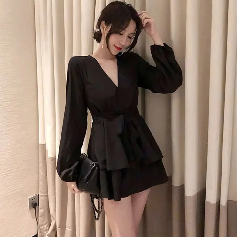 Summer Dresses High-waisted Loose-fit Solid Color V-neck Elegant Long Sleeve Dress Women\'s Slimming A-line Black Wine Red Skirt